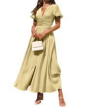 Elegante V-Hals, Effen Pofmouwen en Knoopsluiting voor Dames, Strandfeestjurk Geel S