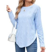 Camiseta Informal de Manga Larga para Mujer, con Cuello Redondo, Dobladillo Curvo y Botones en la Espalda, Estilo Moderno y Holgado. Azul Claro XXL