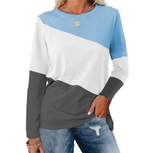Dames Color Block Tops Casual Lange Mouw Tuniek Ronde Hals Trui Shirts Blauwgrijs XL
