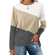 Dames Color Block Tops Casual Lange Mouw Tuniek Ronde Hals Trui Shirts Wit Kaki XL
