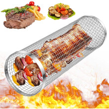 Stainless Steel Grill Basket for Vegetables and Fish, Rotating Wire Mesh Cylinder 30x9x9cm Compact BBQ Tool