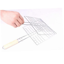 2PCS Stainless Steel BBQ Grill Basket with Wooden Handle Foldable Square Set for Outdoor Cooking