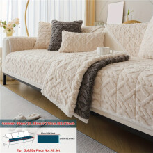 (Off White, 4 Seater89.99cm x 209.98cm) 1PC Bohemian Thick Plush Sofa Cover - Thick, Warm and Comfortable Plush Sofa Cushion