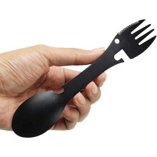 5 in 1 Stainless Steel Camping Cutlery Set Spoon Fork Knife Bottle Can Opener Outdoor Multi Tool Black