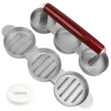 Triple Burger Press Aluminum Patty Maker with Wooden Handle and 100 Liners for Homemade BBQ