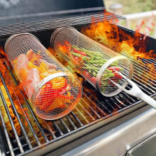 2 PCS BBQ Grill Baskets, Stainless Steel Rolling Vegetable Grill Basket for Fish and Shrimp