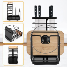 3 in 1 Knife Block & Cutting Board Holder, Metal Board Holder Kitchen Pot Organizer, Drying Rack with Drainage Set, Knife Block Black, Cooling Racks,
