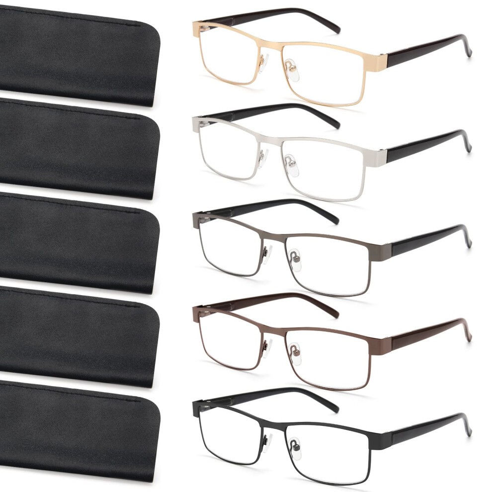 Reading Glasses for Men 1.5, Blue Light Blocking Metal Frame Readers 5 Pack with Soft Cases