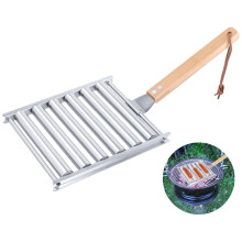 Grill Hot Dog Roller, Stainless Steel Rack with Wooden Handle, 5 Capacity