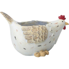 White and Gold Ceramic Chicken Planter with Drainage Holes, Farmhouse Decorative Succulent Pot 9x6x9 Inches