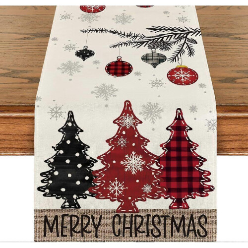 Mode Red Pine Trees Merry Christmas Table Runner, Winter Xmas Holiday Kitchen