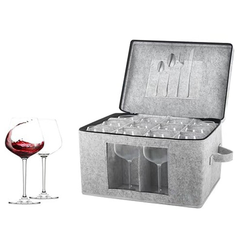 Wine Glass Storage Box with Lid, Hard Shell Stemware Storage Container with 12 Dividers,Glassware Packing Box 1