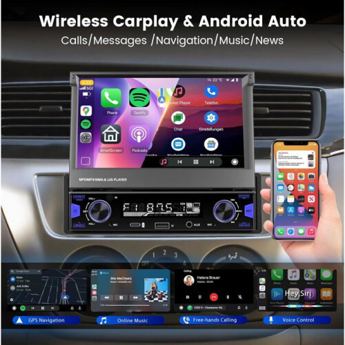 Autoradio 1 Din - SWAMEE - Schermo retrattile 7" - CarPlay e Android Auto wireless - Bluetooth - USB/Type-C 1