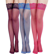 3 Pairs Women Thigh High Stockings Anti-skid Silicone Lace Stockings Silk