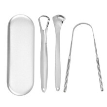 (Silver 3piece set w) Tongue Scraper Cleaner for Adults Kids,Free Fresher Tongue Tools,Bad Breath Remove Stainless Steel Tounge Scrapper Set