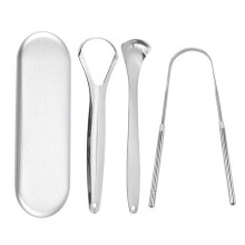 (Silver 3 piece set w) Tongue Scraper Cleaner for Adults Kids,Free Fresher Tongue Tools,Bad Breath Remove Stainless Steel Tounge Scrapper Set
