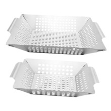 2Pcs Stainless Steel Grill Basket Set for Vegetables and Meat, Oil Draining Design, Outdoor BBQ
