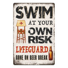 Funny Pool Signs Swim at Your Own Risk Vintage Rustic Metal Wall Decor for Outdoor Pool Area 12x8