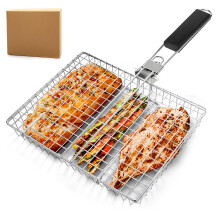 Adjustable Stainless Steel BBQ Grill Rack and Folding Handle Barbecue Tongs for Outdoor Fish and Meat Cooking