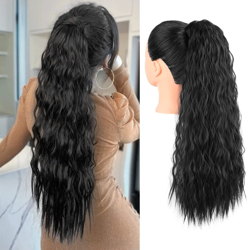 Unisex Black 28 Inch Clip In Ponytail Extension Wrap Around Wavy Curly Hairpiece For Women, Instant Volume Boost