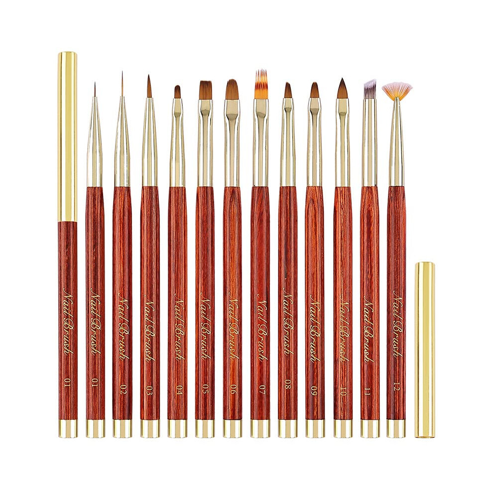 Red Sandalwood Nail Art Brush Set of 12 with Ergonomic Grip, Durable Nylon Bristles for Gel Polish Salon and Home Use