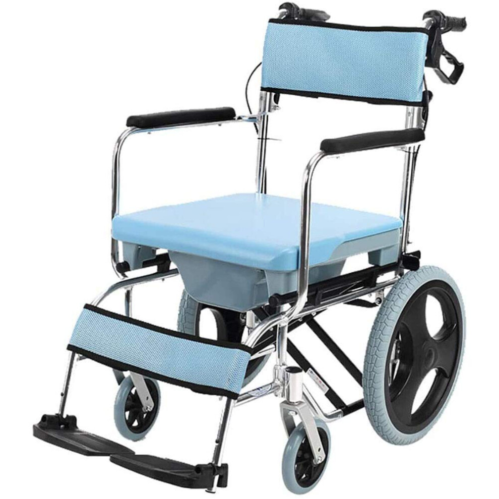 Blue Lightweight Folding Self Propelled Commode Wheelchair With Handbrakes, Padded Seat And Aluminum Frame