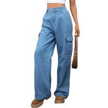 Jean Ample Taille Haute Extensible pour Femme, Coupe Ample, Jambes Larges, Style Années 90, Y2K Bleu Denim S