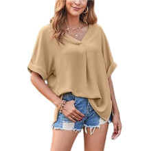 Chemises à Col en V et Manches Courtes pour Femme, Style Décontracté et Ample, Idéales pour le Travail Kaki S