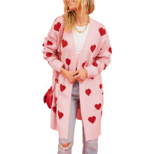 Dames Schattige Hart Lange Cardigan Trui V-Hals Open Voorkant Geribbelde Gebreide Trui Jassen met Zakken Roze L