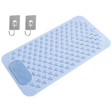 Non Slip Shower and Bathtub Mat with Suction Cups, Drain Holes, Foot Brush, 2 Hooks, Blue 19x31 Inch