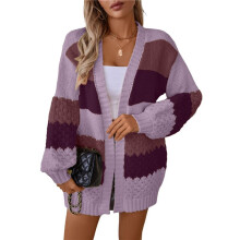 Dames Color Block Open Front Lange Mouwen Geribbelde Mid-Lengte Cardigan Truien Paars S