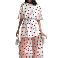 Dames Casual Ronde Hals Los T-Shirt Gesplitst Mesh Liefdesprint Lange Maxi Vakantiejurk Wit Eén Maat