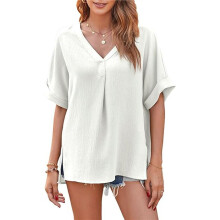 Chemises à Col en V et Manches Courtes pour Femme, Style Décontracté et Ample, Idéales pour le Travail Blanc XL