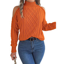 Dames Cold Shoulder Truien 2025 Herfst Winter Lange Mouwen Zachte Dikke Kabelgebreide Truien Truien Tops Oranje Kleur M
