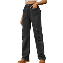 Pantalon Cargo Taille Haute pour Femme, Pantalon Décontracté à Jambes Larges, Pantalon 6 Poches Noir Gris XXL