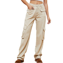 Pantalon Cargo Taille Haute pour Femme, Pantalon Décontracté à Jambes Larges, Pantalon 6 Poches Kaki Peu Profond L