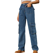 Pantalon Cargo Taille Haute pour Femme, Pantalon Décontracté à Jambes Larges, Pantalon 6 Poches Bleu L