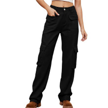 Pantalon Cargo Taille Haute pour Femme, Pantalon Décontracté à Jambes Larges, Pantalon 6 Poches Noir XXL
