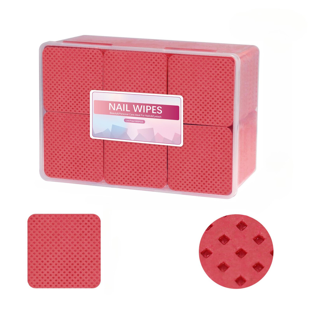 Red Lint Nail Wipes 1080Pcs Nonwoven Nail Polish Remover Pads For Acrylic Gel Nails And Eyelash Extension Cleaning (Red)