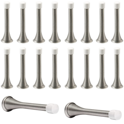 18 Pack Satin Nickel Spring Door Stops with Rubber Tips, Rustproof Heavy Duty Wall Protector Design