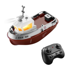 1:32 RC Tugboat 2.4GHz Remote Control Boat with Dual Propeller Power, LED Lights, 2 Speeds, Brown