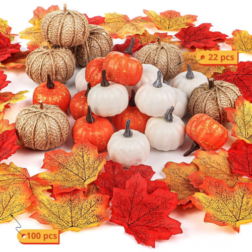 Artificial Pumpkins and Maple Leaves Fall Decor Set 122 pcs