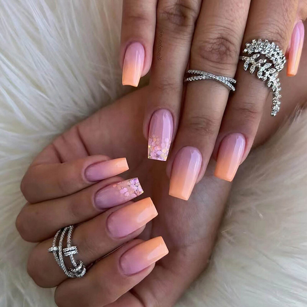 Rainbow Press On Nails Medium Coffin Gradient Chrome Fake Nails with Glue Reusable Kit for Women
