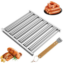 Stainless Steel Hot Dog Roller with Wooden Handle, 5 Slot Sausage Grill Rack for Even Grilling