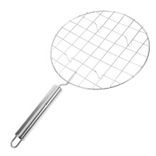 Stainless Steel Round Grill Net with Handle, Thickened Mesh BBQ Rack for Outdoor Cooking and Camping