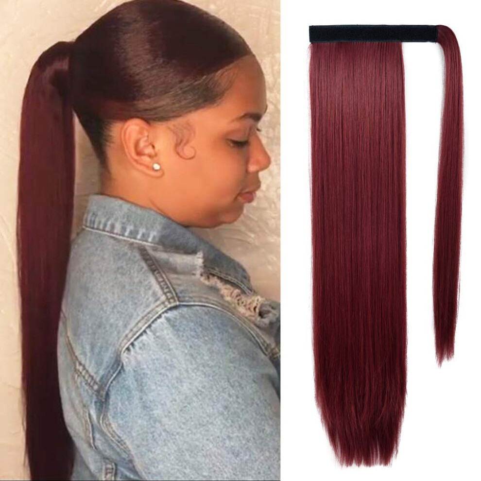 Clip in Ponytail Extension 20 Inch Wine Red Wrap Around Synthetic Hairpiece for Women Instant Volume Boost