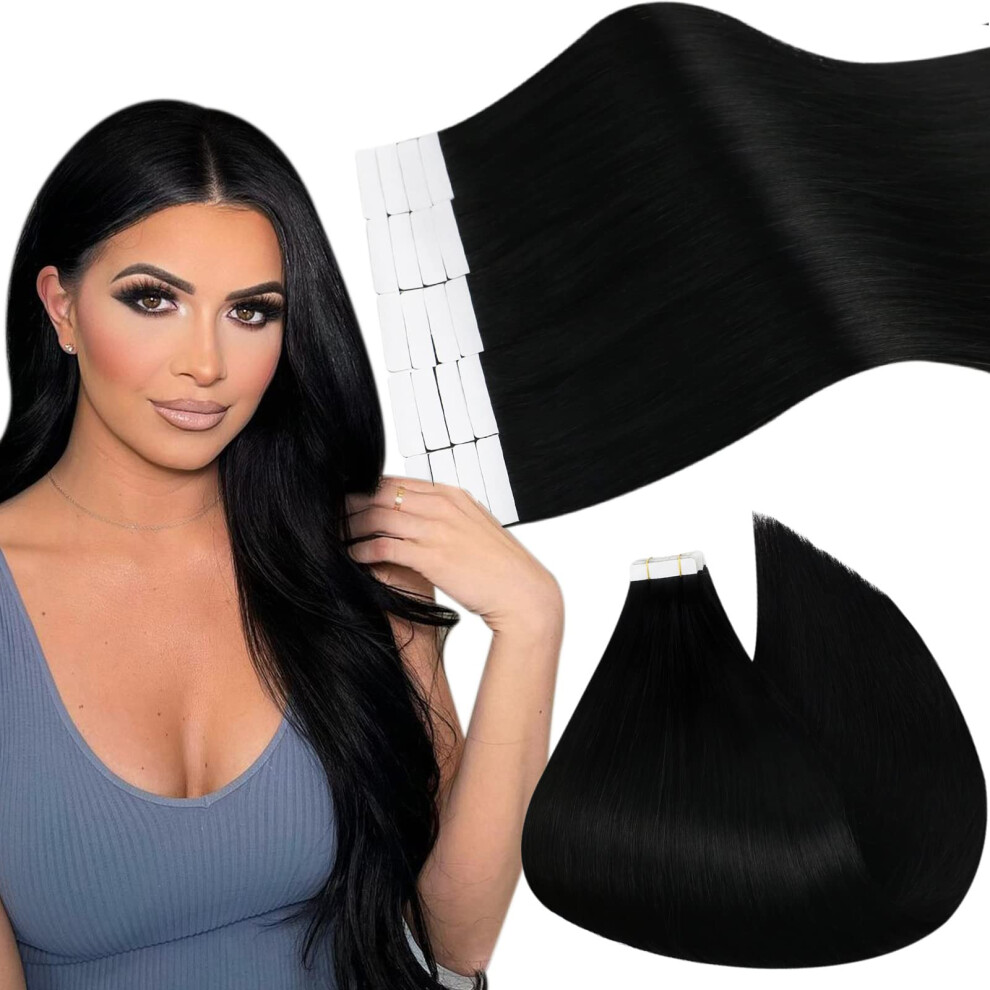 Unisex Black 28 Inch Remy Tape In Human Hair Extensions Jet Seamless Natural Look Reusable Wefts 50G 20Pcs