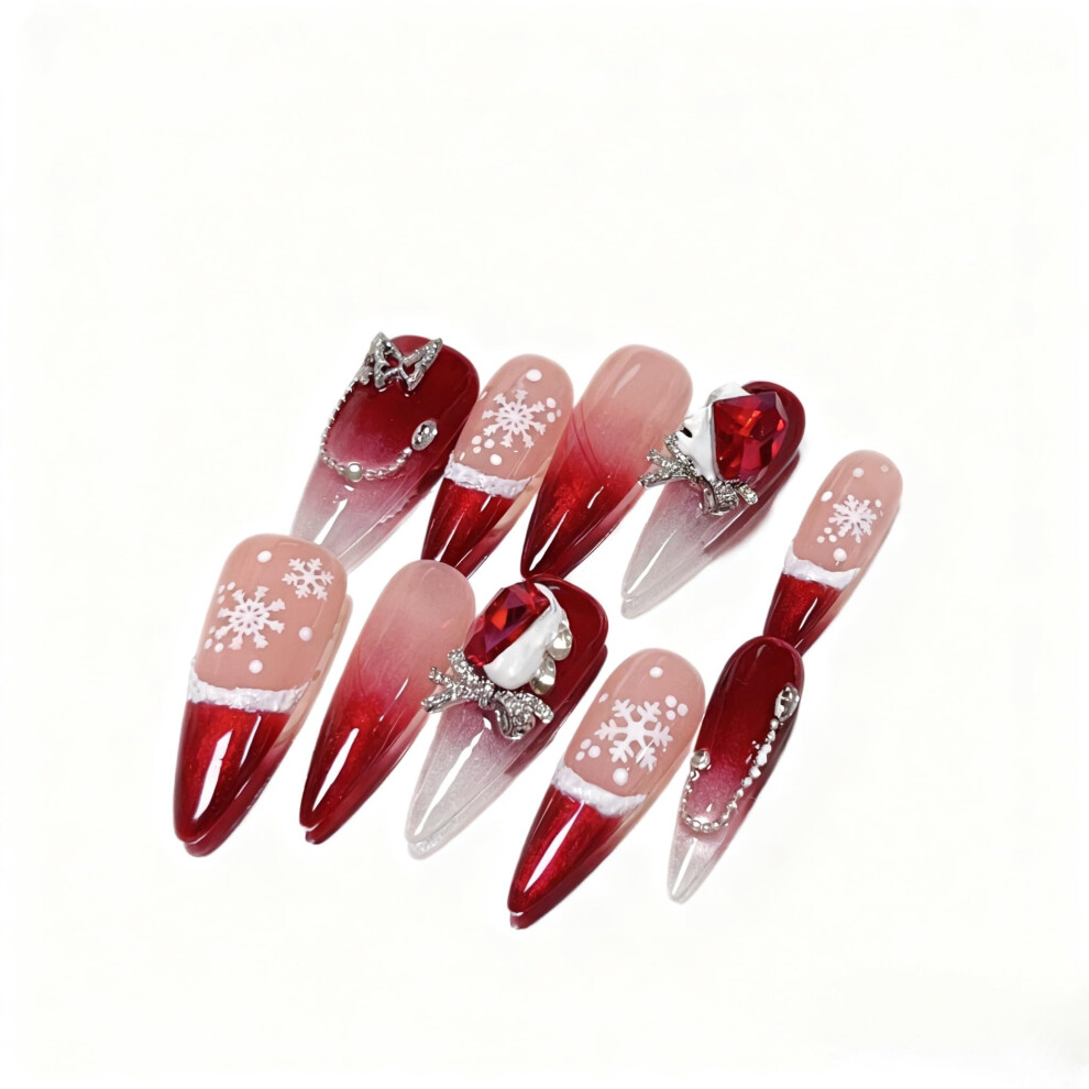 Pink,Red Red And Pink Glitter Press On Nails Almond Shape With Snowflake Charms SalonâQuality LongâLasting Wear