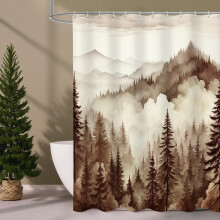 Brown Misty Pine Forest Shower Curtain 72x72, Waterproof Rustic Bathroom Decor with Tan Mountain Fog Design
