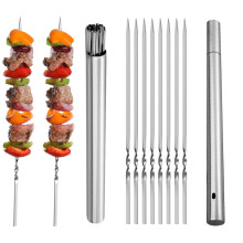 50 Pcs 304 Stainless Steel Flat Kebab Skewers 13.7 Inch Heavy Duty Reusable Metal BBQ Sticks with Storage Tube for Grilling